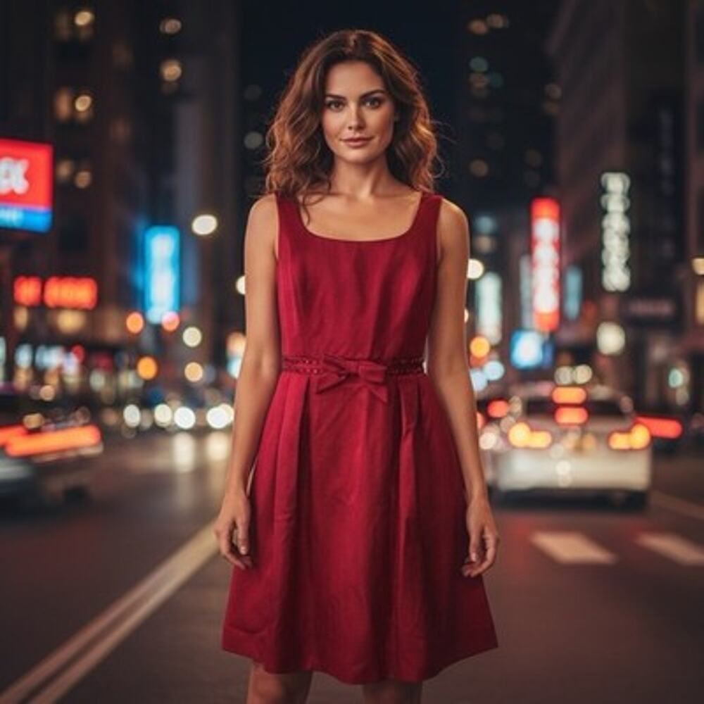 NWT Carmen Marc Valvo Crimson Red Bow Beaded Waist Midi Cocktail Dress Size 10